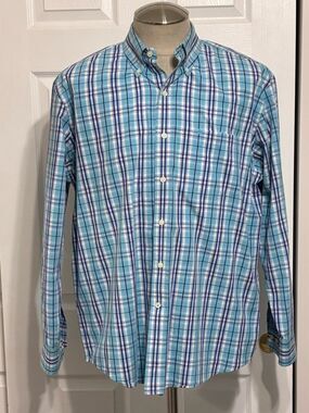 Izod Men’s Spring Easter Light Blue Plaid Button-Down Dress Shirt Size Large